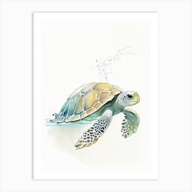 Sea Turtle In Deep Ocean, Sea Turtle Pencil Illustration 1 Art Print