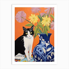 Delphinium Flower Vase And A Cat, A Painting In The Style Of Matisse 2 Art Print