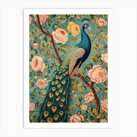 Turquoise Peacock On A Branch Floral Wallpaper Art Print