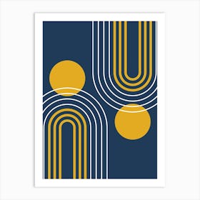 Mid Century Modern Geometric B35 In Navy Blue And Mustard Yellow (Rainbow And Sun Abstract) 01 Art Print