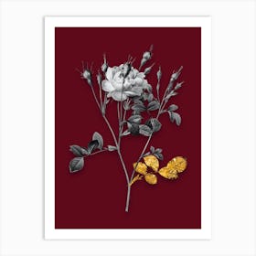 Vintage Anemone Sweetbriar Rose Black and White Gold Leaf Floral Art on Burgundy Red n.0677 Art Print