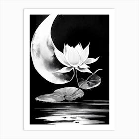 Lotus And Moon Symbol 1 Black And White Painting Art Print