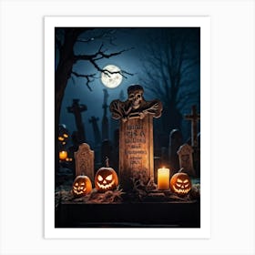 A Wooden Signboard Bathed In An Eerie Glow From A Full Moon Looming Ominously Above A Desolate Cem (3) Art Print