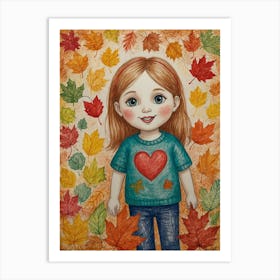 Little Girl In Autumn Leaves Art Print