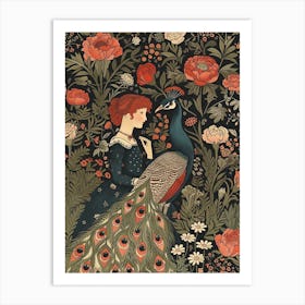 Floral Peacock With Red Haired Woman Vintage Wallpaper Inspired 2 Art Print