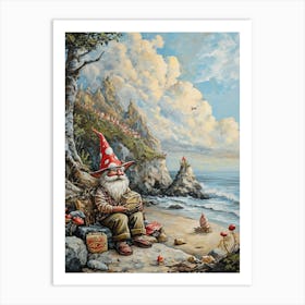 Gnomes On The Beach Kitsch Painting 1 Art Print