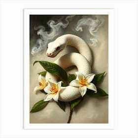 White Snake And Lilies Art Print