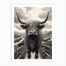 Black & White Illustration Of Highland Cow And Sheep Crossing A Bridge Art Print