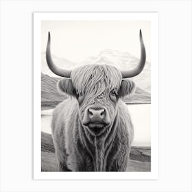 Black & White Illustration Of Highland Cow With Lake In The Background Art Print