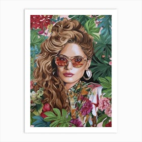 Floral Handpainted Portrait Of Jennifer Lopez J Lo 1 Art Print