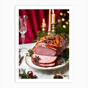 An Entregouted View Of A Glazed Spiced Pork Ham Festooned With A Crown Of Cloves Set On A Lavish C (3) Art Print