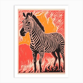 Linocut Inspired Pink & Orange Zebra 2 Art Print