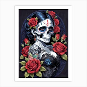 Sugar Skull Girl With Roses Painting (21) Art Print