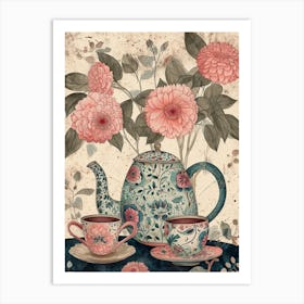 Watercolour Floral Teapot & Cups 2 Art Print