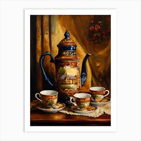 Antique Teapot With Cups Painting Art Print