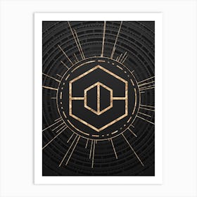 Geometric Glyph Symbol in Gold with Radial Array Lines on Dark Gray n.0172 Art Print