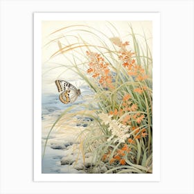 Butterflies In Wild Flowers Japanese Style Painting 1 Art Print
