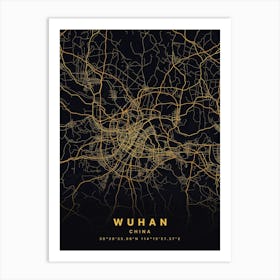 Wuhan China Black And Gold Map Art Print