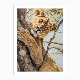 African Lion Climbing A Tree Acrylic Painting 2 Art Print