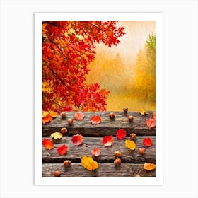 Autumnal Tableau In Vibrant Watercolor Leaves In Shades Of Crimson Orange And Gold Aflutter Amids Art Print