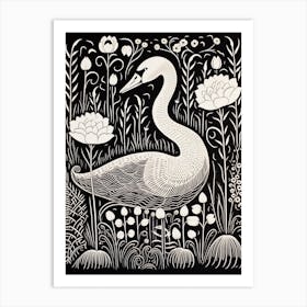 B&W Bird Linocut Swan 3 Art Print