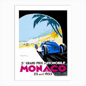 Vintage advertising poster promoting the Monaco Grand Prix which is a Formula One motor race held each year on the Circuit de Monaco. Run since 1929, it is widely considered to be one of the most important and prestigious automobile races in the world. Art Print