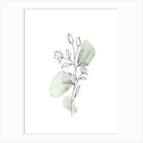 Boho Botanical, Line Wildflower, Sage Green Watercolor Art Print