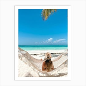 Content Woman Sprawls On A Pristine Tropical Beach Soft White Sands Adorned With Delicate Seashells Art Print