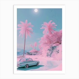 Pink Car On The Beach 1 Art Print