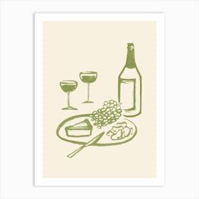 Wine and Cheese Aperitif Kitchen Illustration - Green White Art Print