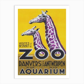 Giraffes at Antwerp Belgium Zoo Vintage Poster Art Print