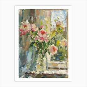 Peony Flowers On A Cottage Window 1 Art Print