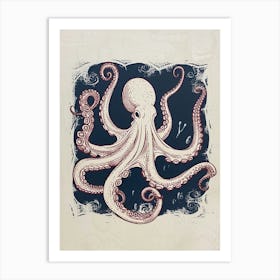 Red Octopus In The Ocean Linocut Inspired  3 Art Print
