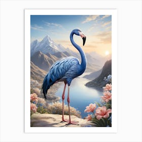 Floral Blue Flamingo Painting (57) Art Print