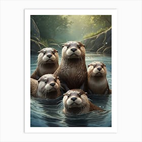 Otter Family Relaxing in Water Wildlife Art Print