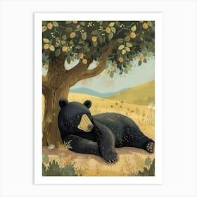 American Black Bear Laying Under A Tree Storybook Illustration 3 Art Print