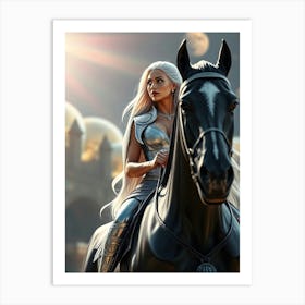 White Hair Beauty on Black Horse Art Print