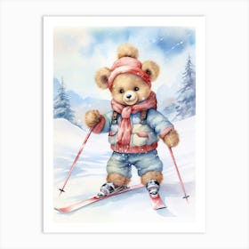 Skiing Teddy Bear Painting Watercolour 3 Art Print