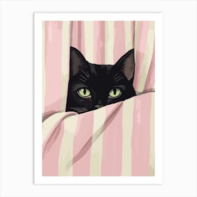 A Black Cat In Bed Pink Green Stripes Watercolor Art Print
