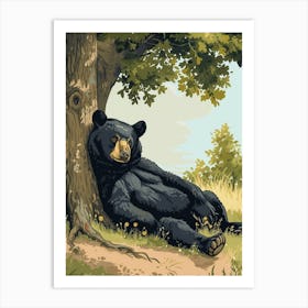 American Black Bear Laying Under A Tree Storybook Illustration 4 Art Print