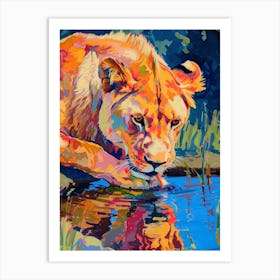 Southwest African Lion Drinking From A Watering Hole Fauvist Painting 4 Art Print