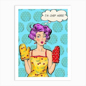 Pop Art Cooking Chef Girl Over Blue Background Art Print