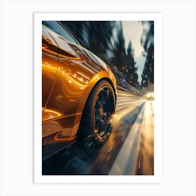 Golden Sports Car On The Road Art Print