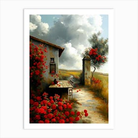 Red Roses Abloom at the Old Farmhouse | Country Living Dreamscape Painting Gallery Wall European Countryside Art Print