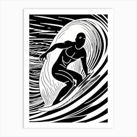 Surfer On A Wave Linocut Black And White Painting Solid White Background, into the water, surfing Art Print