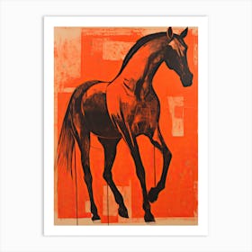 Black Horse, Woodblock Animal  Drawing 6 Art Print