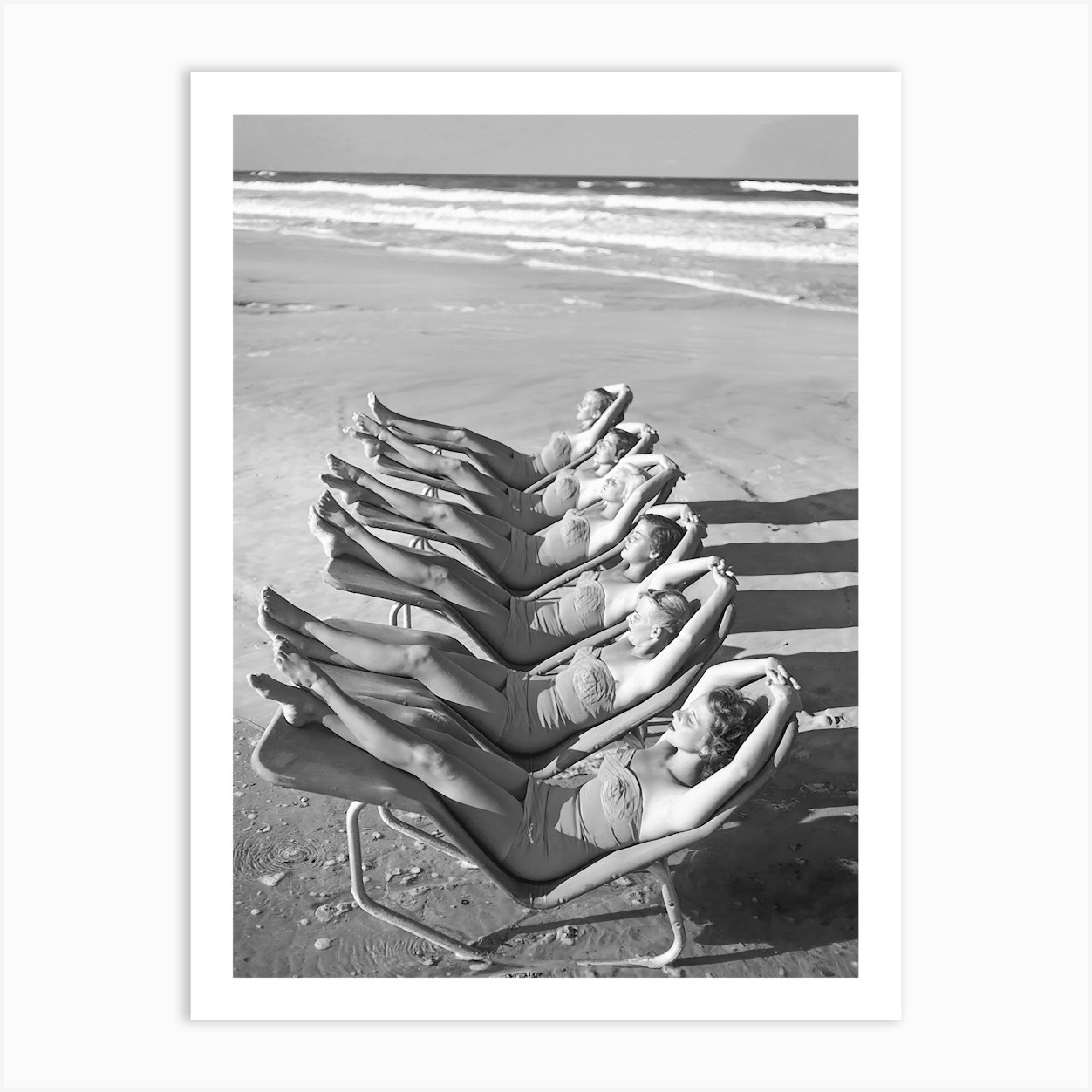 Day At The Beach, Women Relaxing in Lounge Chairs, Vintage Black and White Old Photo Art Print by Vibrant Vintage