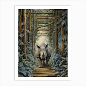 Rhino Walking Over The Wooden Bridge Realistic Illustration 2 Art Print