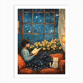 Girl Reading Book with Her Cat 14 Art Print