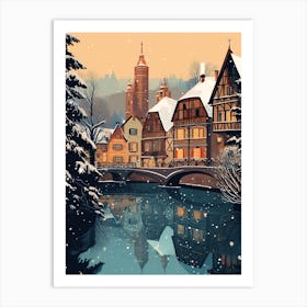 Winter Travel Night Illustration Colmar France 3 Art Print